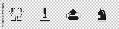 Set Rubber gloves, plunger, Wet wipe pack and Bottle for cleaning agent icon. Vector