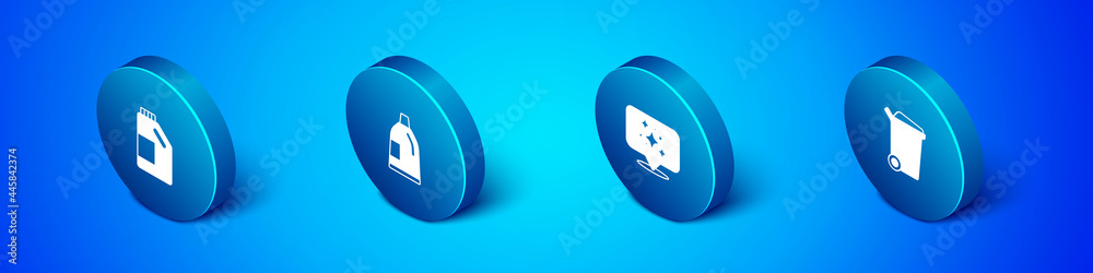 Set Isometric Bottle for cleaning agent, Home service, Trash can and icon. Vector Set Isometric Bottle for cleaning agent, Home service, Trash can and icon. Vector