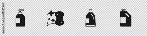 Set Dishwashing liquid bottle, Sponge, Bottle for cleaning agent and icon. Vector