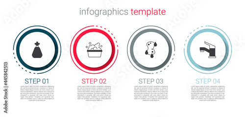 Set Garbage bag, Basin with soap suds, Sponge and Water tap. Business infographic template. Vector