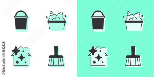 Set Handle broom, Bucket, Home cleaning service and Basin with soap suds icon. Vector