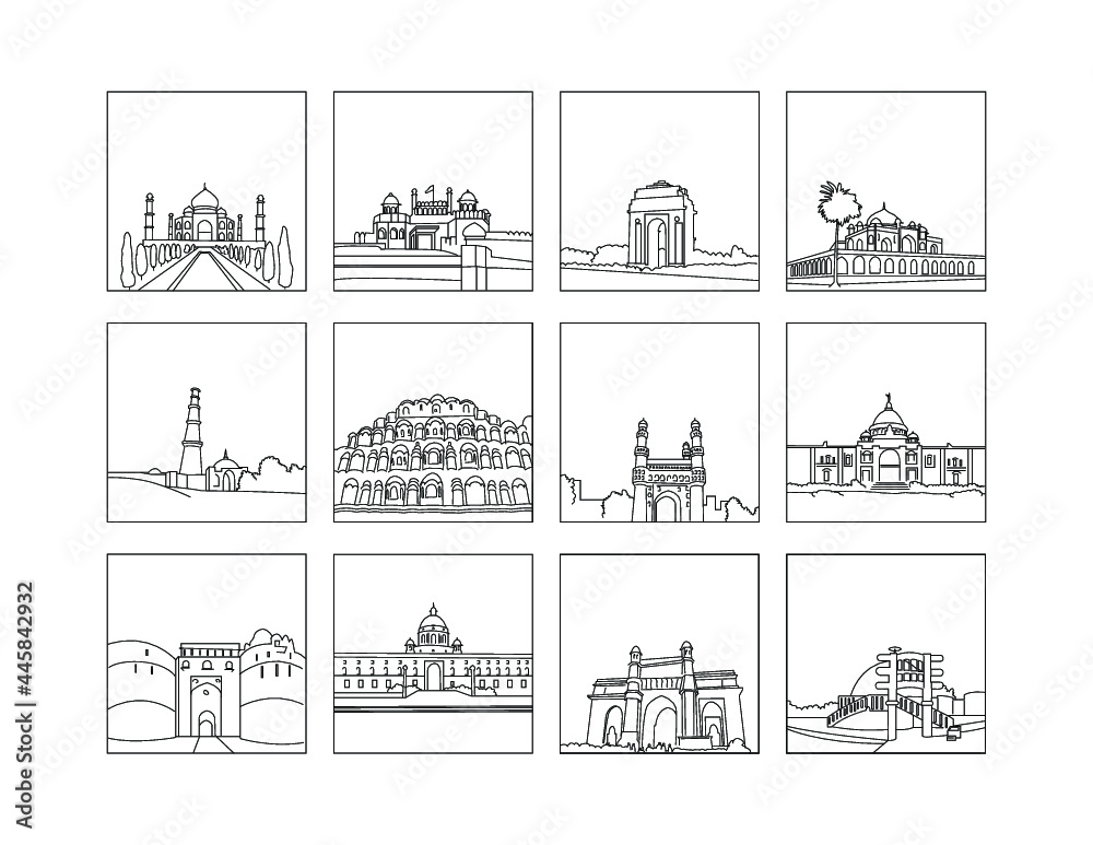 Historical Places Of India  line drawing clipart set, Taj Mahal, Red Fort, India Gate Humayun Tomb, Qutub Minar, Hawa Mahal, Charminar, Victoria, Me