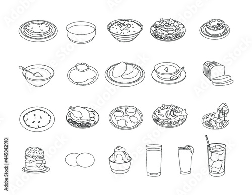 Food and beverages line drawing clipart set - Roti, pulse, rice, salad, curd, paratha, puri, soup, pulao, roasted chicken, idli sambar, roasted fish