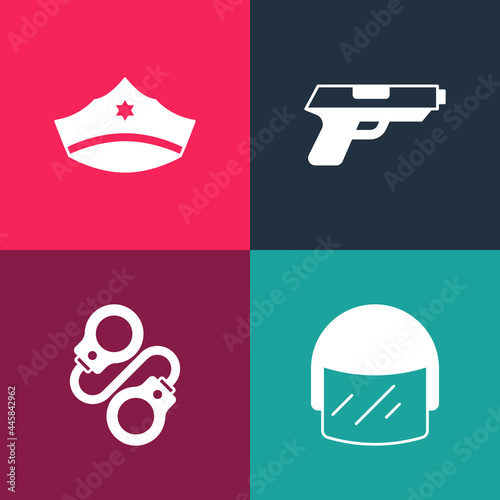 Set pop art Police helmet, Handcuffs, Pistol or gun and cap with cockade icon. Vector