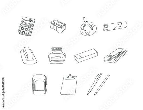 Stationery items clipart set, calculator, geometry box, sharpener, colour plate, school bag, pen, pencil, inkpot, rubber, clipboard,