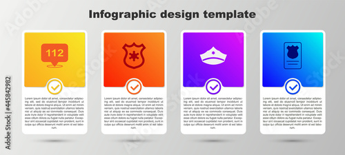 Set Telephone call 112, Police badge, cap with cockade and id case. Business infographic template. Vector