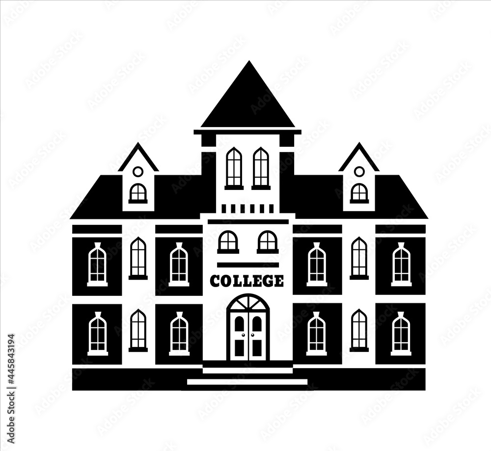 College building. Academic building, university in traditional English style. Black and white vector illustration. Icon.