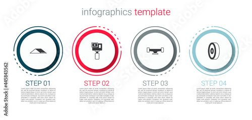 Set Skate park, Action camera, Skateboard wheel and ball bearing. Business infographic template. Vector