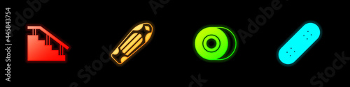 Set Skateboard stairs with rail, deck, wheel and icon. Vector