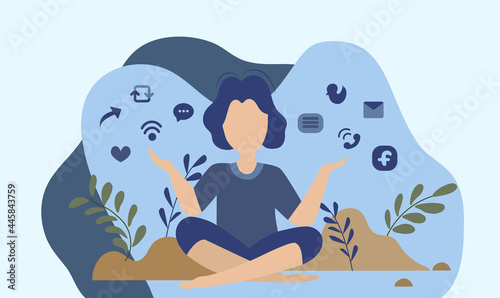 Young man sitting and presenting social media icon on hands. Communication icon Flat cartoon vector design.