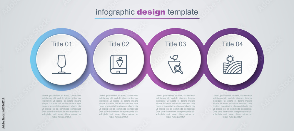 Set line Wine glass, Book about grapes, Grapes and Vineyard wine. Business infographic template. Vector