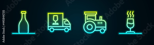 Set line Bottle of wine, Wine truck, Tractor and tasting, degustation. Glowing neon icon. Vector