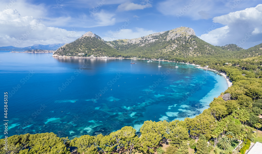 Obraz premium Aerial view with playa de Formentor (Cala Pi de la Posada ), beautiful beach at Cap Formentor, Palma Mallorca, Spain