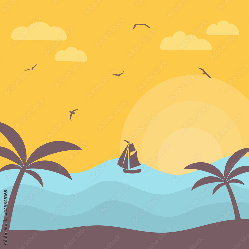 Sea sunset with boat and palms. Landscape vector illustration.