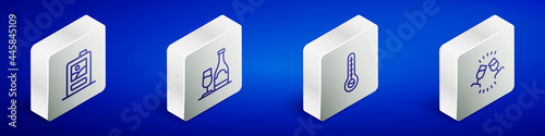 Set Isometric line Cardboard box of wine, Wine bottle with glass, Meteorology thermometer and tasting, degustation icon. Vector