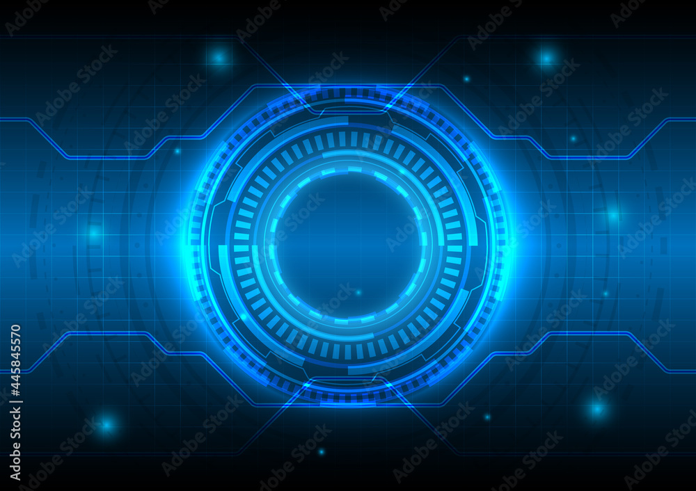 Science data. Digital infographic. Abstract hologram hi-tech background. Virtual reality technology electric innovation. Circuit board interface. Futuristic Sci-Fi glowing HUD circle