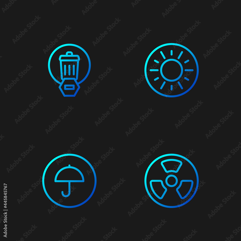 Set line Radioactive, Delivery package with umbrella, Trash can and Sun. Gradient color icons. Vector