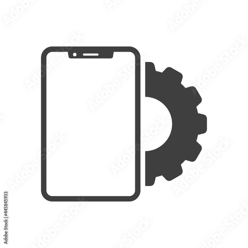 Icono smartphone con engranaje en color gris