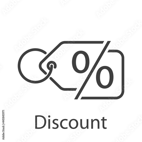 Logotipo con palabra Discount y etiqueta con anillo y con símbolo porcentaje con lineas en color gris