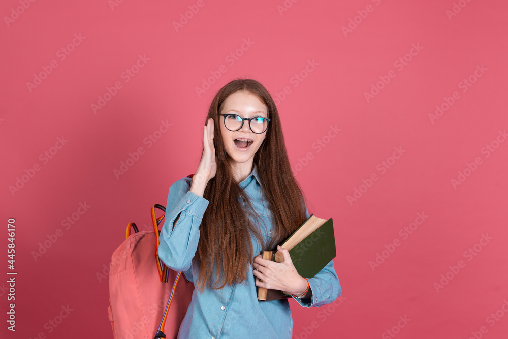 Little kid girl 13 years old isolated on pink background schoolgirl with backpack and books happy love studying education concept Little kid girl 13 years old isolated on pink background schoolgirl with backpack and books happy love studying education concept