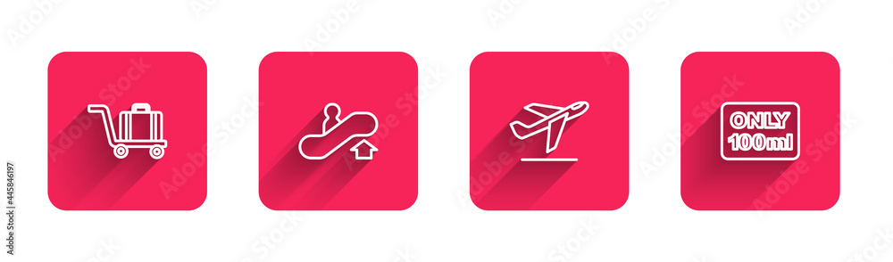 Set line Trolley baggage, Escalator up, Plane takeoff and Liquids in carry-on with long shadow. Red square button. Vector Set line Trolley baggage, Escalator up, Plane takeoff and Liquids in carry-on with long shadow. Red square button. Vector