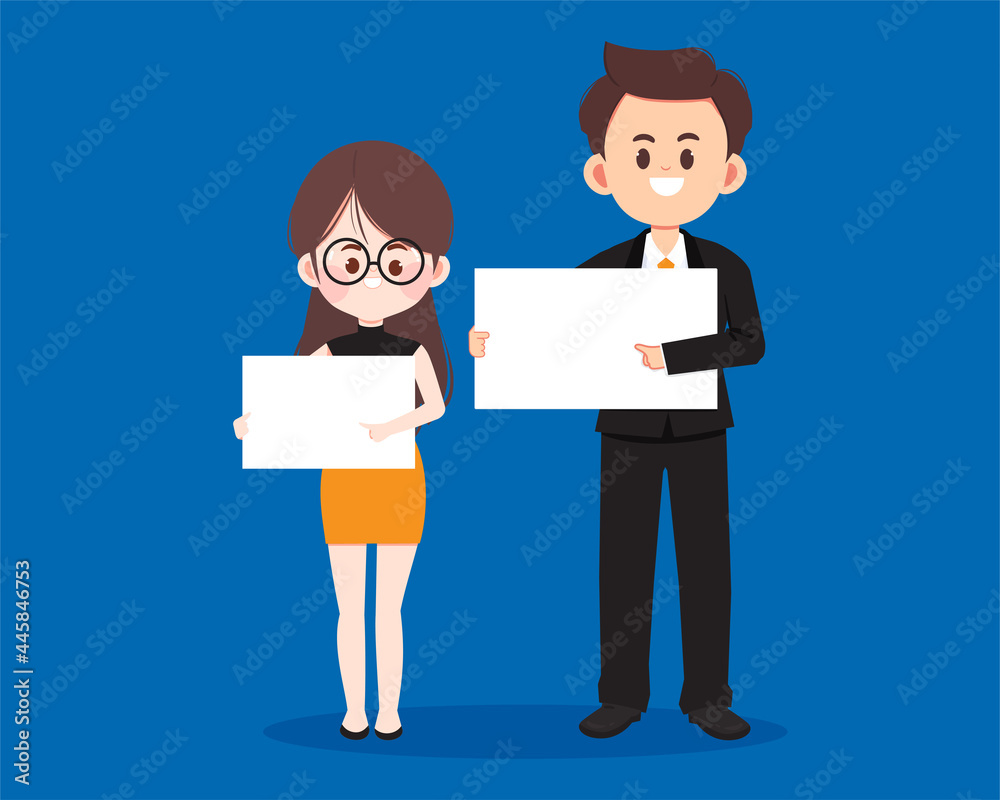 Cute business people character holding blank billboard cartoon art illustration Cute business people character holding blank billboard cartoon art illustration