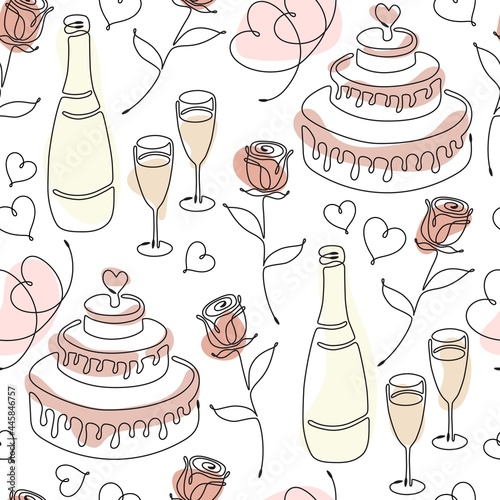 Seamless pattern with single line drawing of romantic symbols. Cake, rose, hearts, wine glasses, champagne bottle. Pastel color spots on background. Decoration for Wedding and Valentines day. Vector