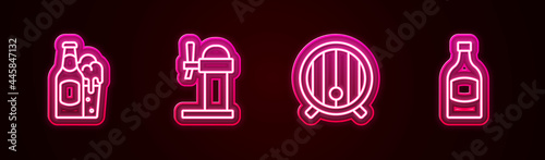 Set line Beer bottle and glass, Dispenser beer, Wooden barrel and . Glowing neon icon. Vector