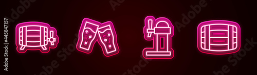 Set line Wooden barrel, Glass of beer, Dispenser and . Glowing neon icon. Vector