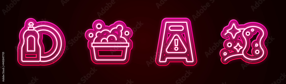 Set line Dishwashing liquid bottle, Basin with soap suds, Wet floor and Sponge. Glowing neon icon. Vector Set line Dishwashing liquid bottle, Basin with soap suds, Wet floor and Sponge. Glowing neon icon. Vector