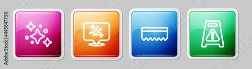 Set line Home cleaning service, , Sponge and Wet floor. Colorful square button. Vector