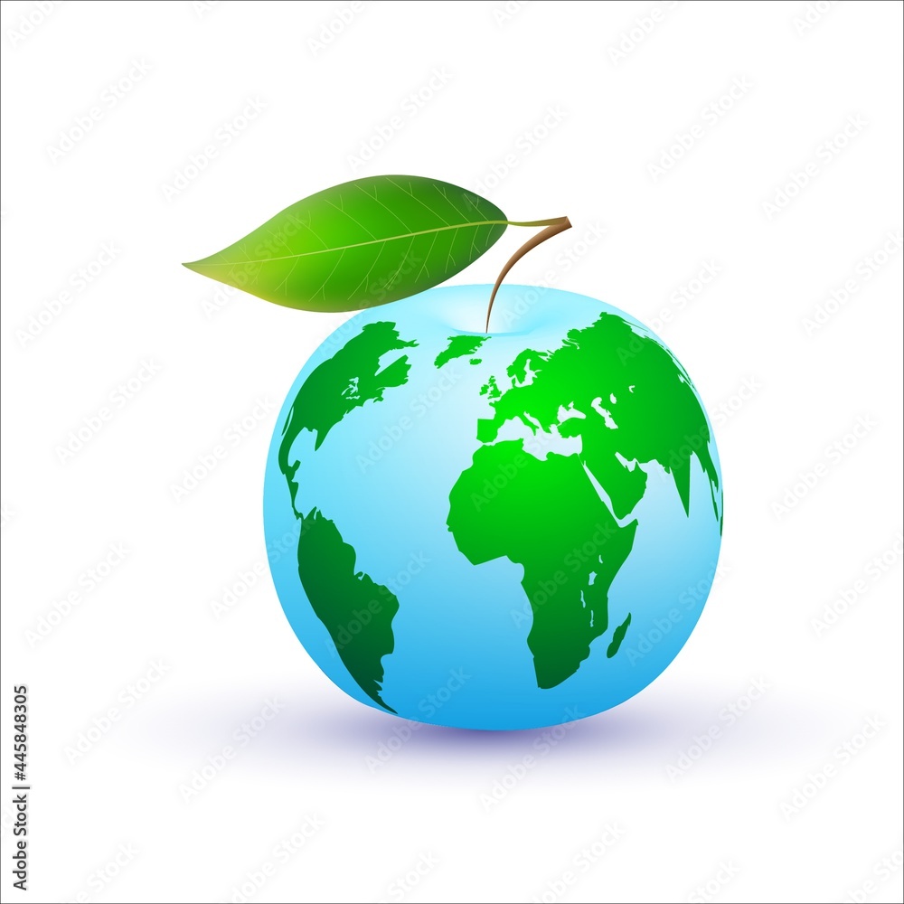 Ecology. Apple and the planet Earth. Abstract vector illustration of an apple with a leaf and a silhouette of the continents of the planet Earth on a white background. Clipart for creativity.