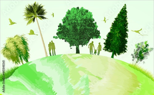 Ecology. Nature and people. Abstract vector illustration of a green composition with trees  birds and people. A sketch for creativity.