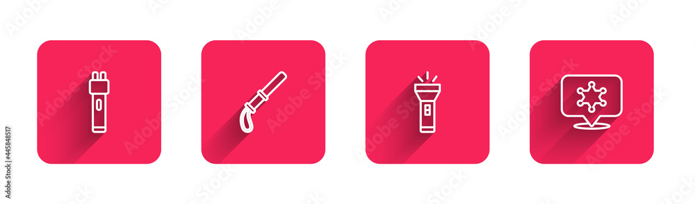Set line Police electric shocker, rubber baton, Flashlight and Hexagram sheriff with long shadow. Red square button. Vector Set line Police electric shocker, rubber baton, Flashlight and Hexagram sheriff with long shadow. Red square button. Vector