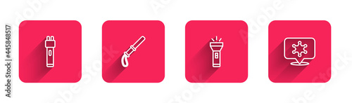 Set line Police electric shocker, rubber baton, Flashlight and Hexagram sheriff with long shadow. Red square button. Vector