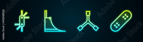 Set line Tool allen keys, Skate park, Skateboard Y-tool and . Glowing neon icon. Vector