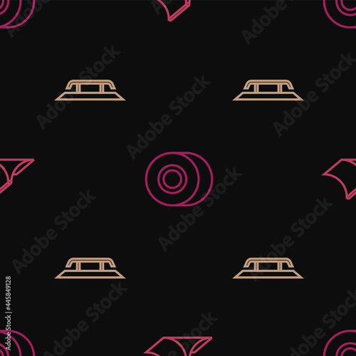 Set line Skate park, Skateboard stairs with rail and wheel on seamless pattern. Vector