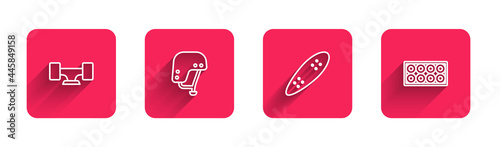 Set line Skateboard wheel, helmet, Longboard or skateboard and with long shadow. Red square button. Vector