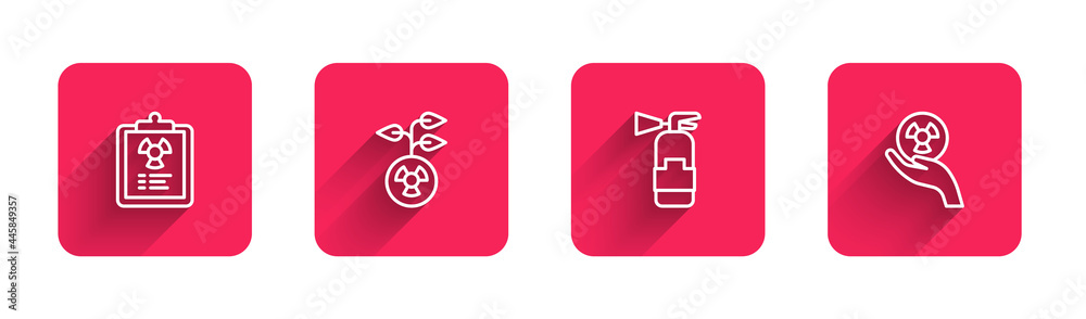 Obraz premium Set line Radiation warning document, Radioactive, Fire extinguisher and with long shadow. Red square button. Vector
