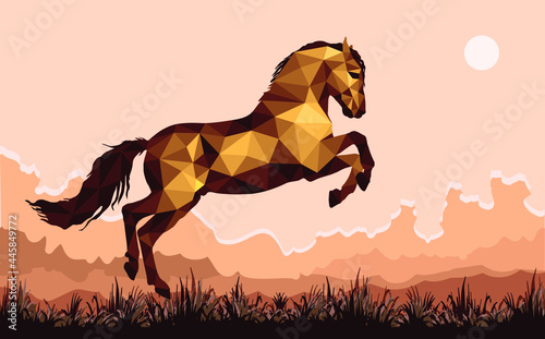 galloping horse in the field   image in the low poly style
