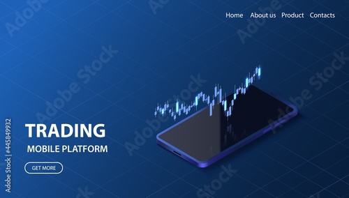 Online trading landing page. Modern finance smartphone platform concept. Growth data graph. Investment isometric illustration.