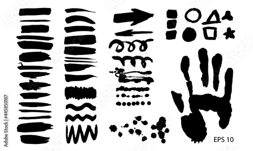 Vector set with brush strokes, texture hand drawn illustration. Black spot on the white background. Arms stamp