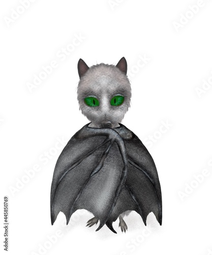 Cute fantasy shy bat posing. Halloween decoration. Isolated digital illustraion. Print quality.