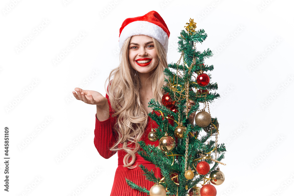 pretty woman holiday christmas decoration christmas tree light background pretty woman holiday christmas decoration christmas tree light background