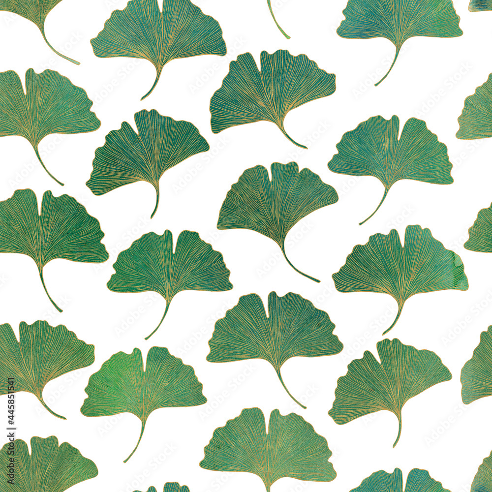 Green small Ginkgo leaves. Watercolor botanical illustration. Seamless leafy exotic pattern Green small Ginkgo leaves. Watercolor botanical illustration. Seamless leafy exotic pattern