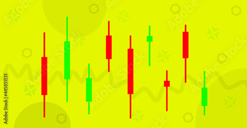 red and green trader candles on yellow background with gray elements 