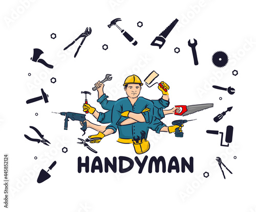 Tools in hand. jack of all trades. handyman. A builder who knows how to do everything. vector illustration