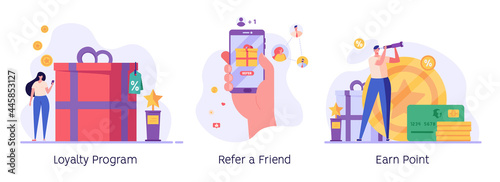 Man looking for great deals, gets bonuses and cashback. Concept of discount, customer service, online shopping, earn point, loyalty program, refer a friend. Vector illustration in flat design photo