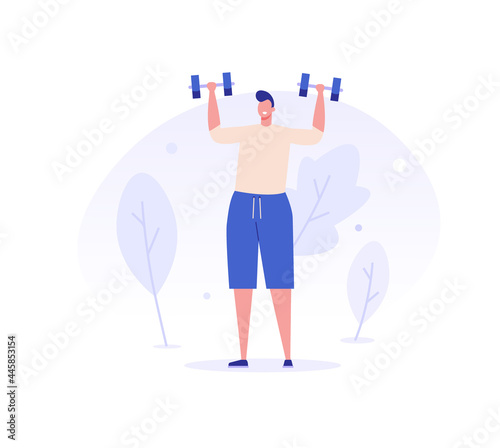 Man engaging with a barbell on the street, crossfit. Concept of outdoor fitness, outdoor yoga, group exercise in park, sports lifestyle. Vector illustration in flat design