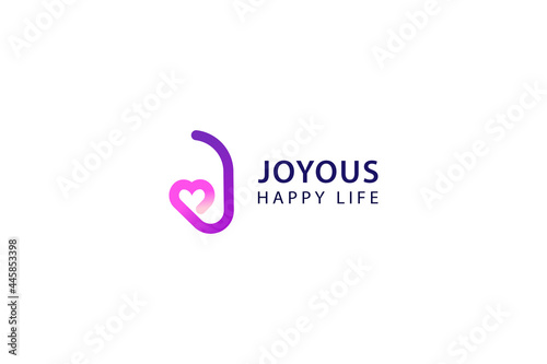 Letter J joyous purple color heart shape happy life logo